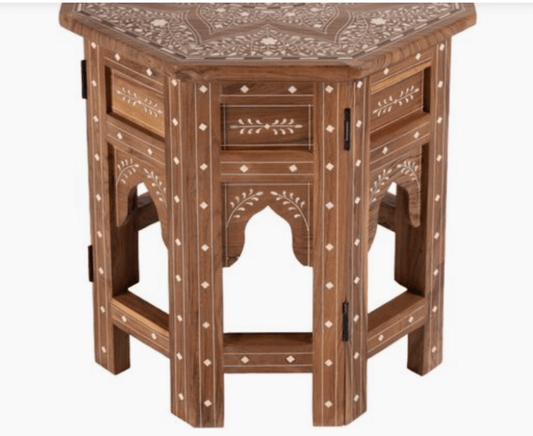 Hexagonal Bone Inlay Teak Wood Side Table - Indian Accent Furniture Side Table - Bone Inlay Furnitures