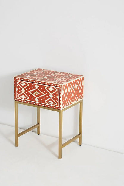 Handmade Bone Inlay Modern Iqat Pattern Bedside Table with 1 Drawer for Home and Office Decor