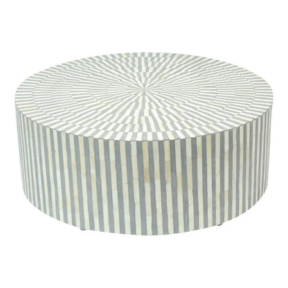 Bone Inlay Round Coffee Table, Home Centre Table Stripe Pattern Golden Brass Base by Hansa Handicraft