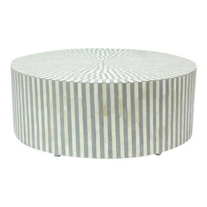 Bone Inlay Round Coffee Table, Home Centre Table Stripe Pattern Golden Brass Base by Hansa Handicraft