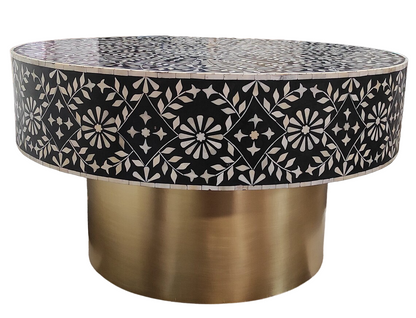 Bone Inlay Round Coffee Table for Home Floral Pattern with Wide base Centre Table by Hansa Handicraft