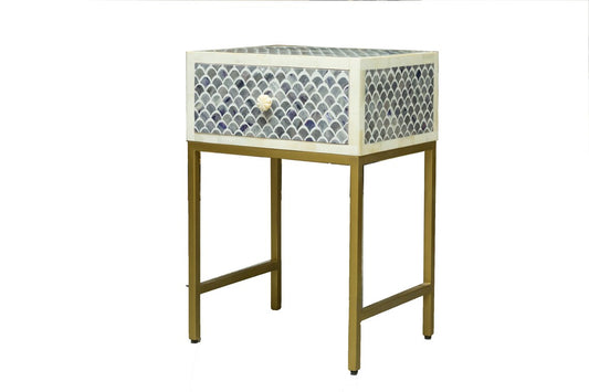 Handmade Bone Inlay Modern Fishscale Pattern Bedside Table with 1 Drawer for Home and Office Decor