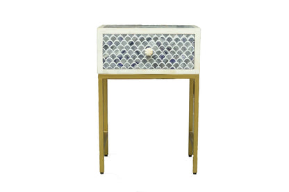 Handmade Bone Inlay Modern Fishscale Pattern Bedside Table with 1 Drawer for Home and Office Decor