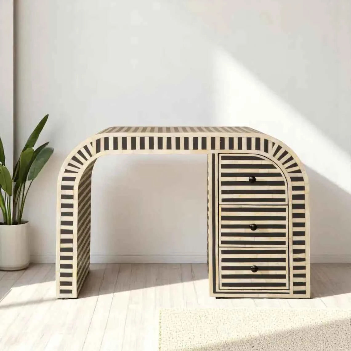 Bone Inlay 3 Drawers Waterfall Desk Black