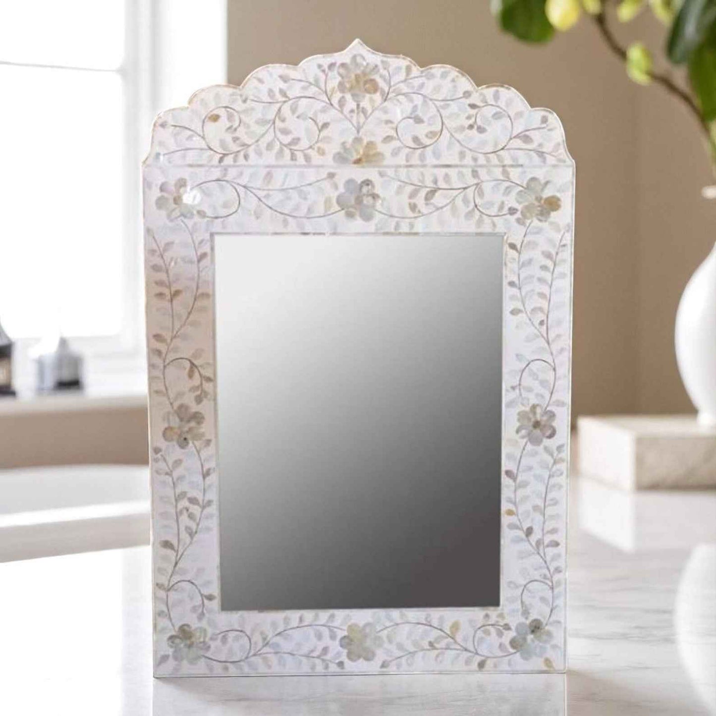 Handmade MOP Inlay Mirror Frame – Elegant Mother of Pearl Wall Decor by HANA EXPORTS