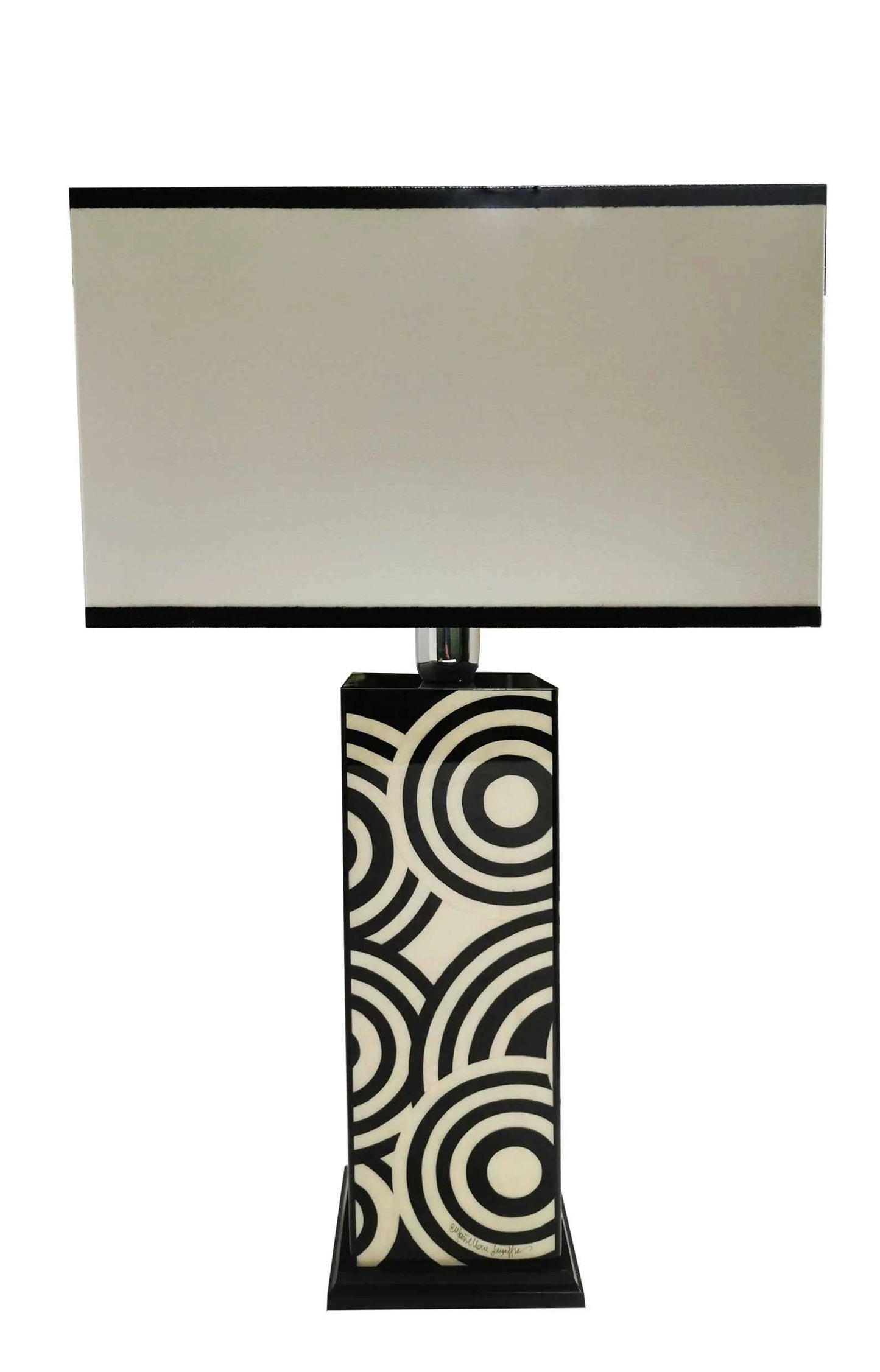 Black & White Circle Inlay Wooden Table Lamp – Handmade by Hansa Handicraft