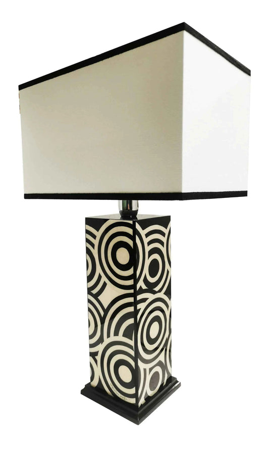 Black & White Circle Inlay Wooden Table Lamp – Handmade by Hansa Handicraft