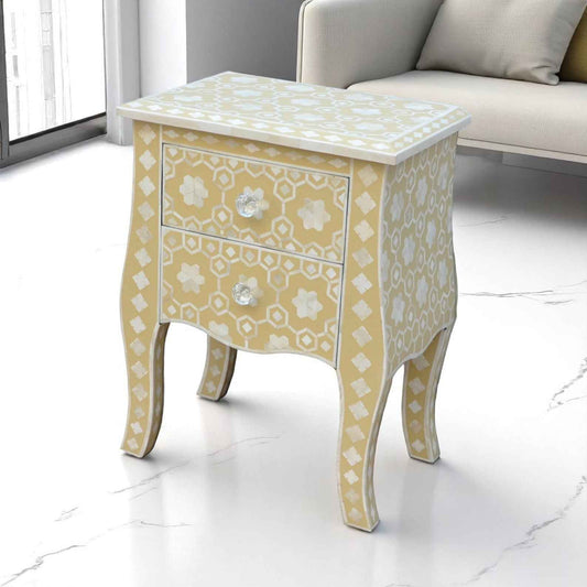 Handmade Bone Inlay Bedside Table | 21” Tall Custom Inlay Nightstand by Hana Exports