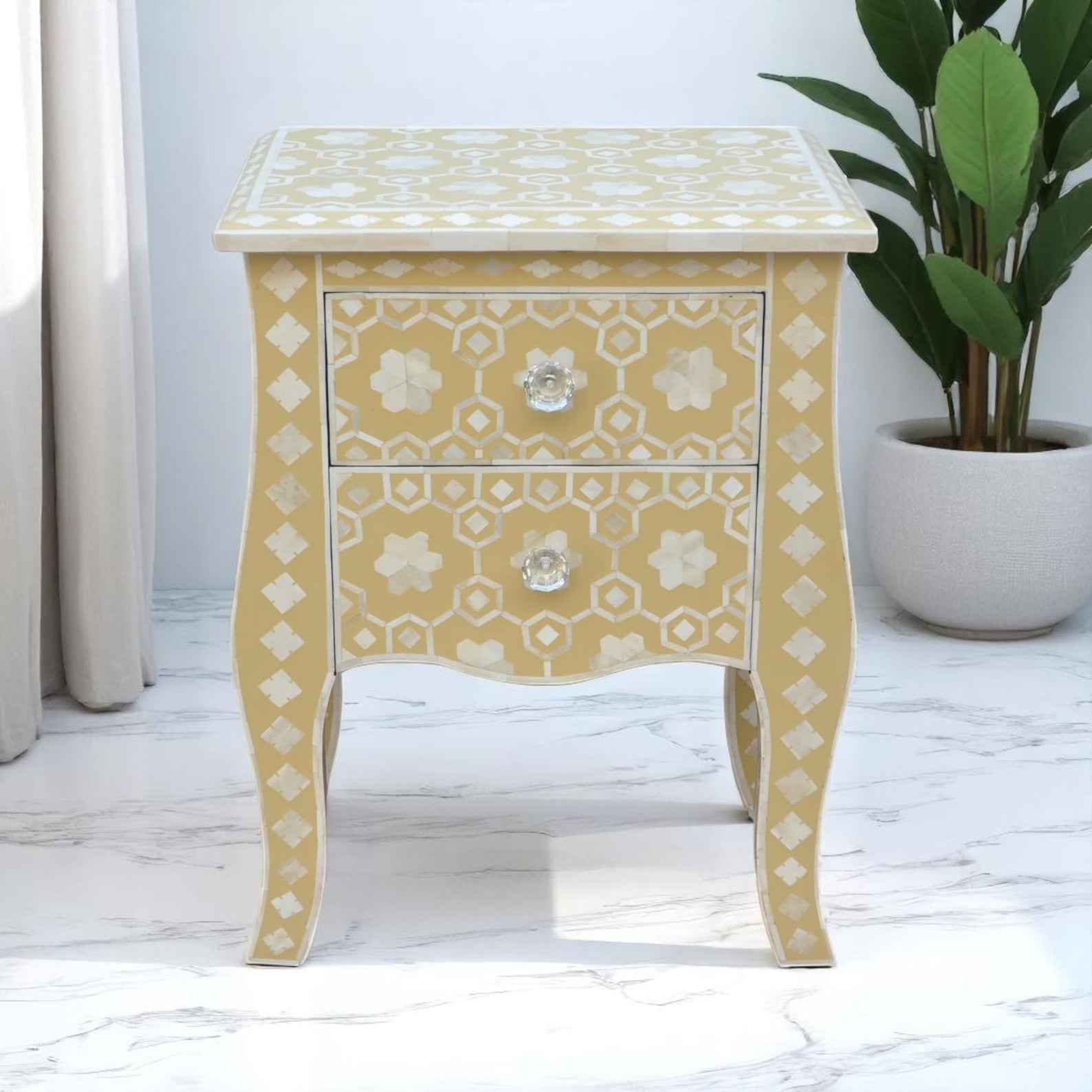 Handmade Bone Inlay Bedside Table | 21” Tall Custom Inlay Nightstand by Hana Exports