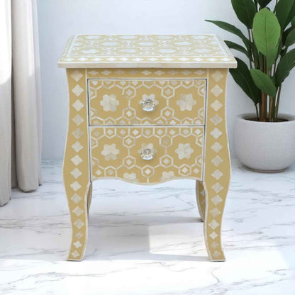 Handmade Bone Inlay Bedside Table | 21” Tall Custom Inlay Nightstand by Hana Exports