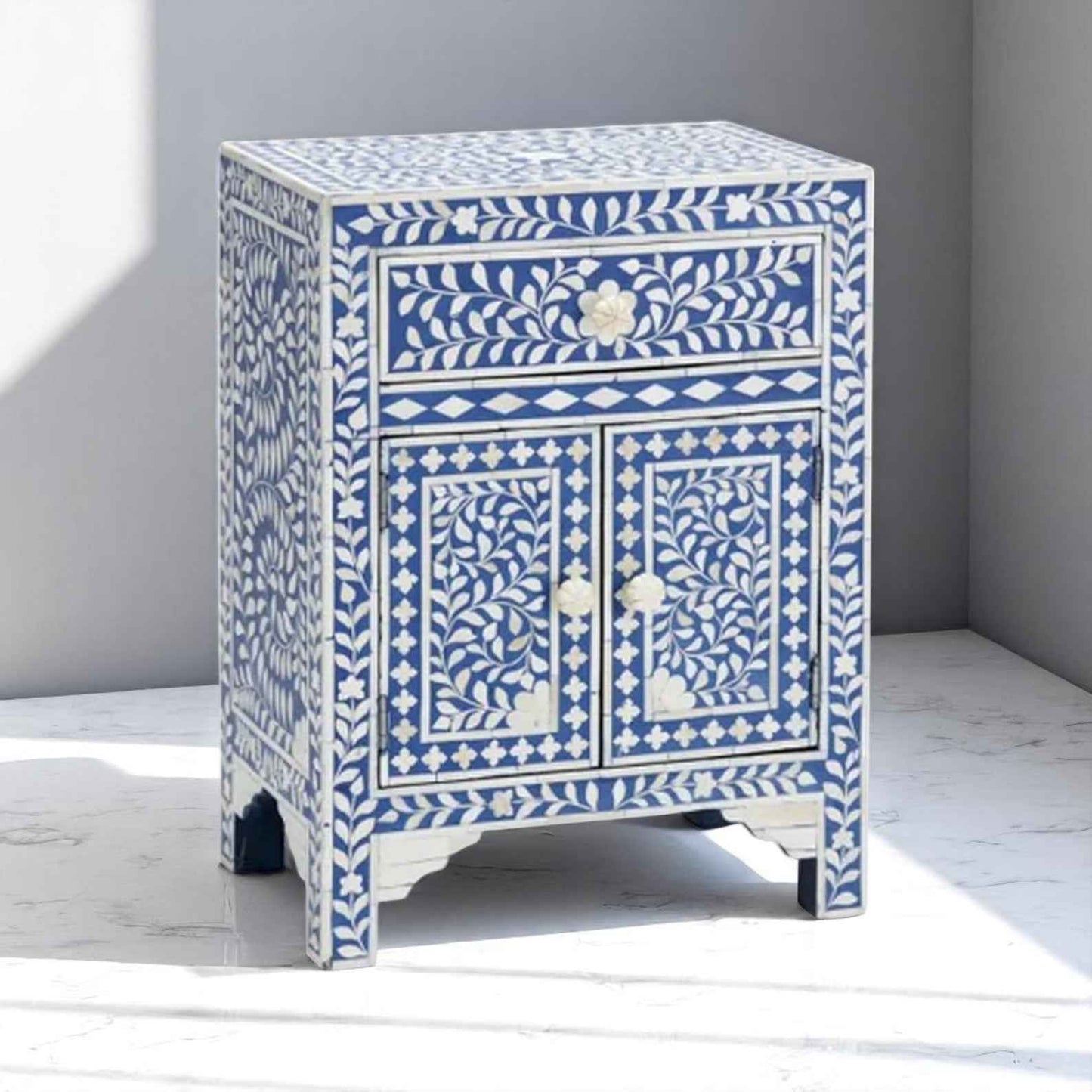 Handmade Bone Inlay Bedside Table – Modern Camel Bone & Wood Nightstand by HANA EXPORTS