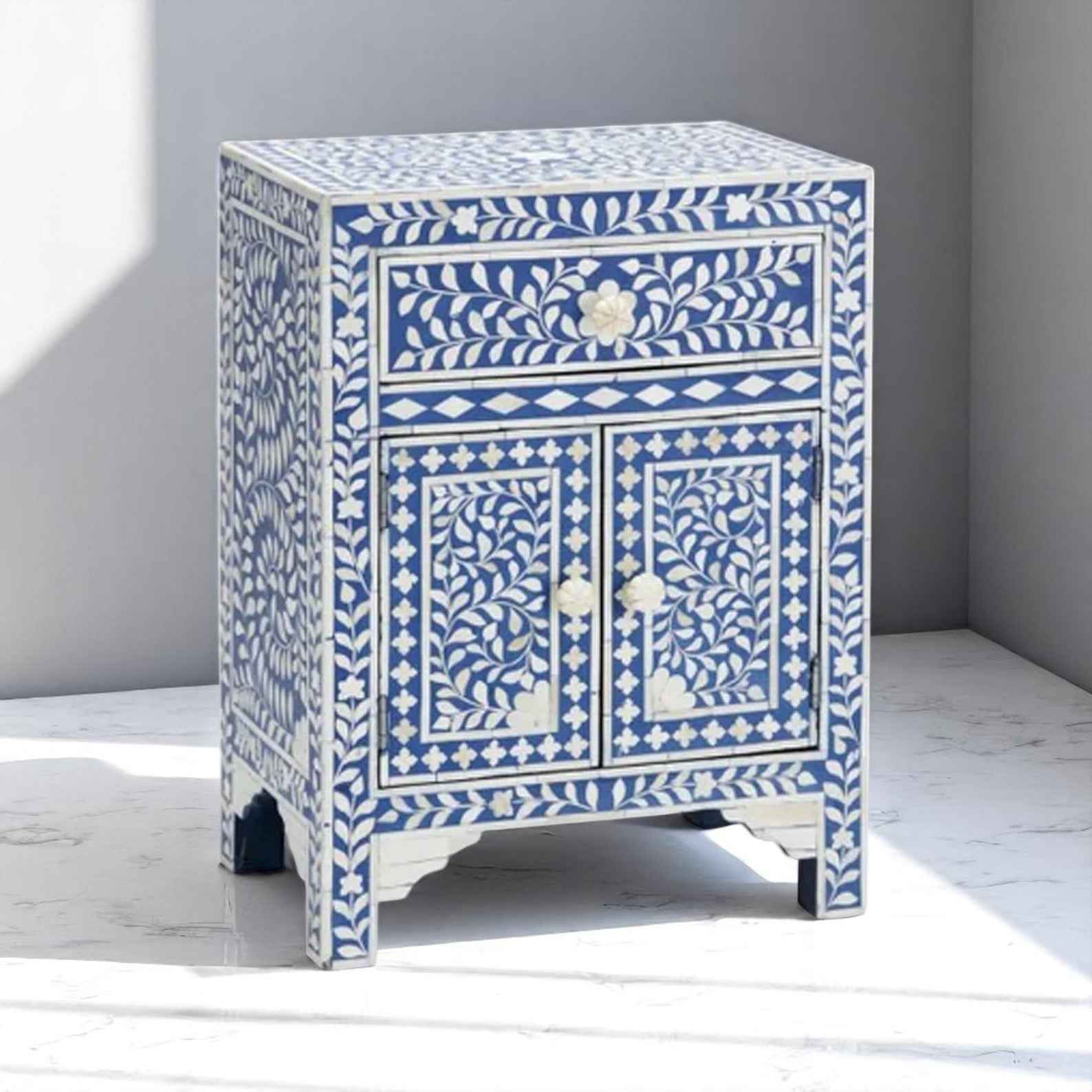 Handmade Bone Inlay Bedside Table – Modern Camel Bone & Wood Nightstand by HANA EXPORTS