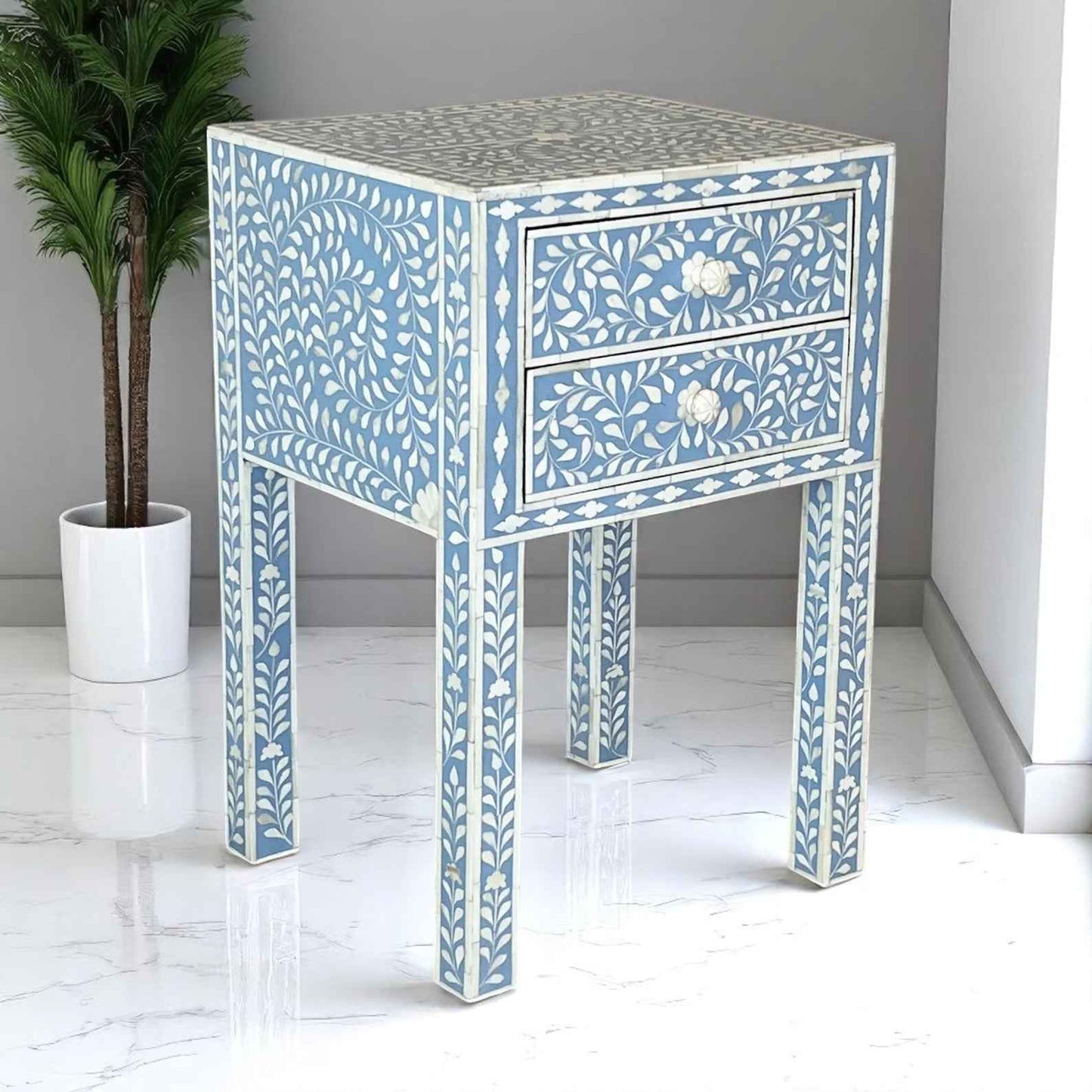 Handmade Bone Inlay Nightstand with 2 Drawers – Floral Bedside Table by Hana Exports