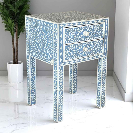 Handmade Bone Inlay Nightstand with 2 Drawers – Floral Bedside Table by Hana Exports