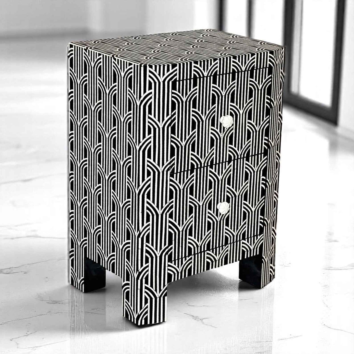 Handmade Bone Inlay Nightstand – 2 Drawer Floral Side Table by Hana Exports