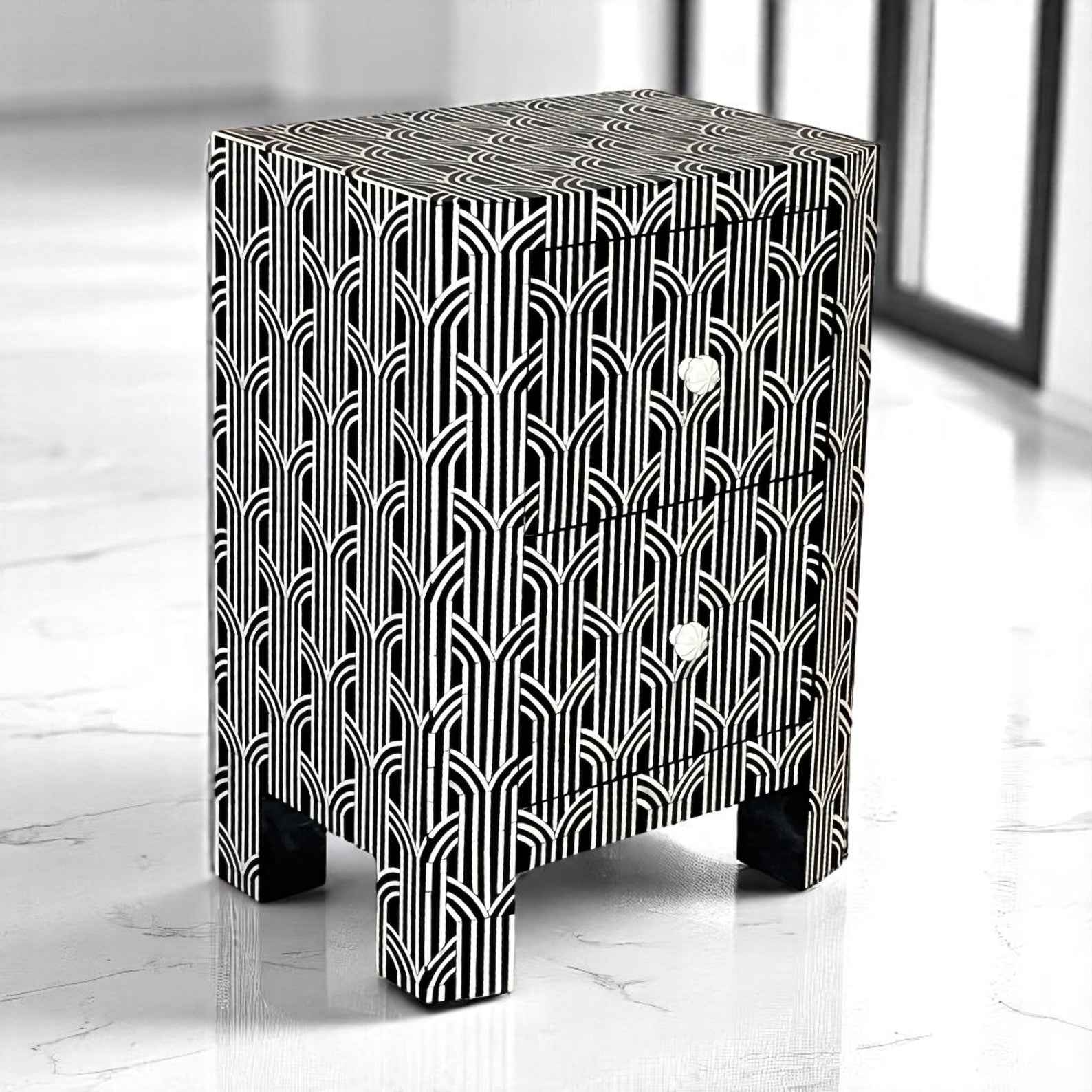 Handmade Bone Inlay Nightstand – 2 Drawer Floral Side Table by Hana Exports