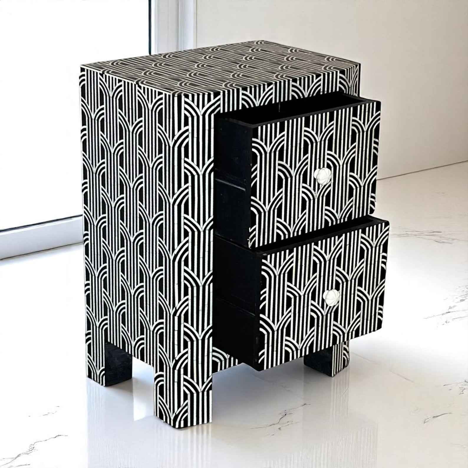 Handmade Bone Inlay Nightstand – 2 Drawer Floral Side Table by Hana Exports