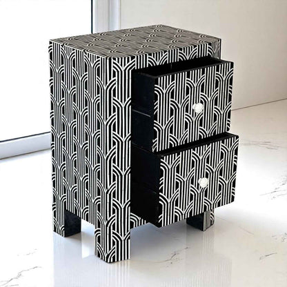 Handmade Bone Inlay Nightstand – 2 Drawer Floral Side Table by Hana Exports