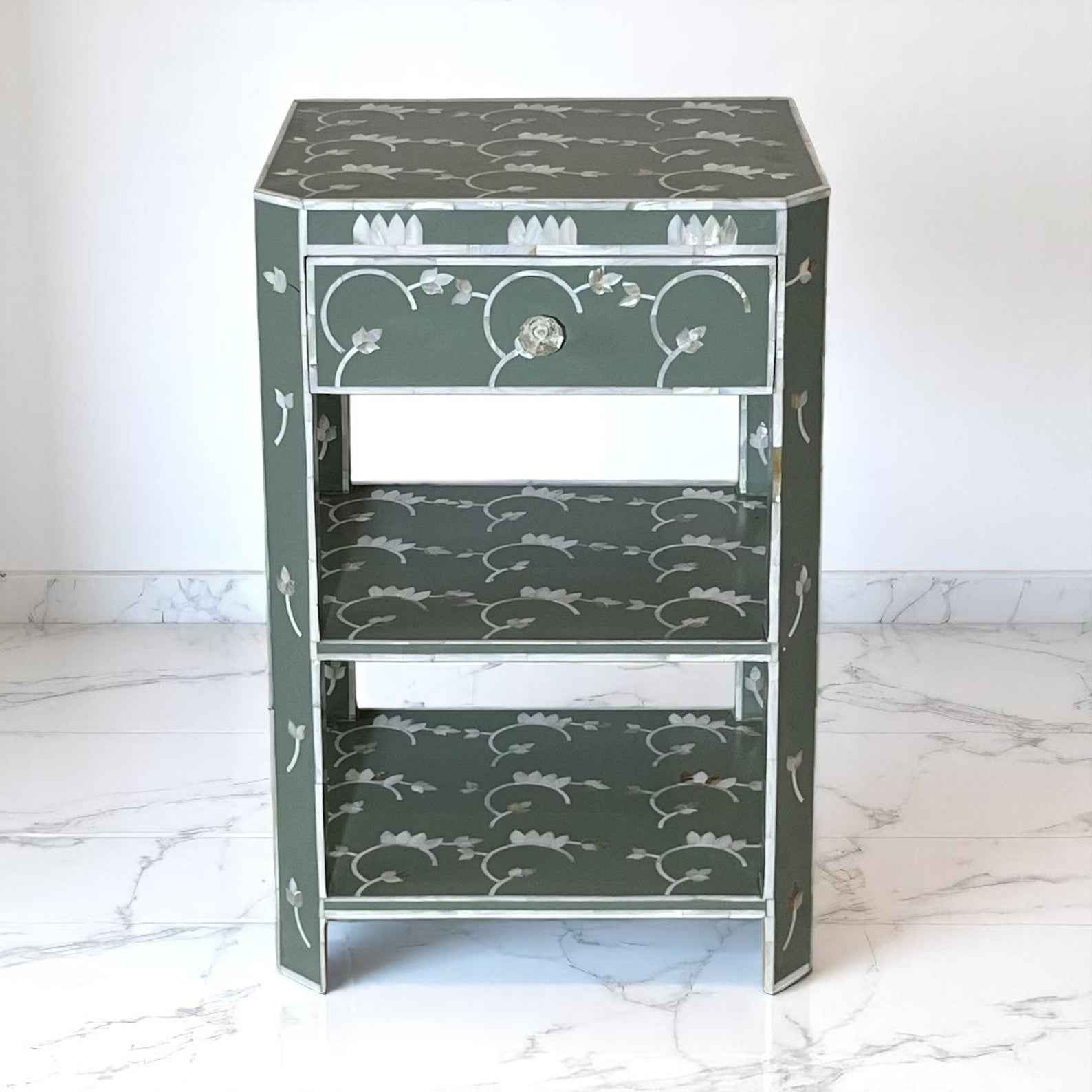 Handmade MOP Inlay Nightstand – 3 Drawer Floral Side Table by Hana Exports