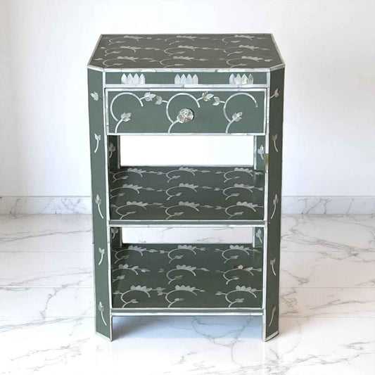 Handmade MOP Inlay Nightstand – 3 Drawer Floral Side Table by Hana Exports