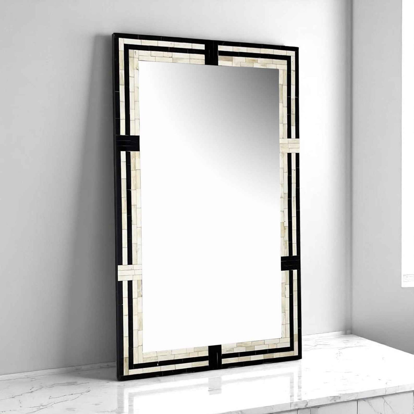 Blue Bone Inlay Mirror Frame – 48x30 in Handmade Floral Wall Décor by Hana Exports