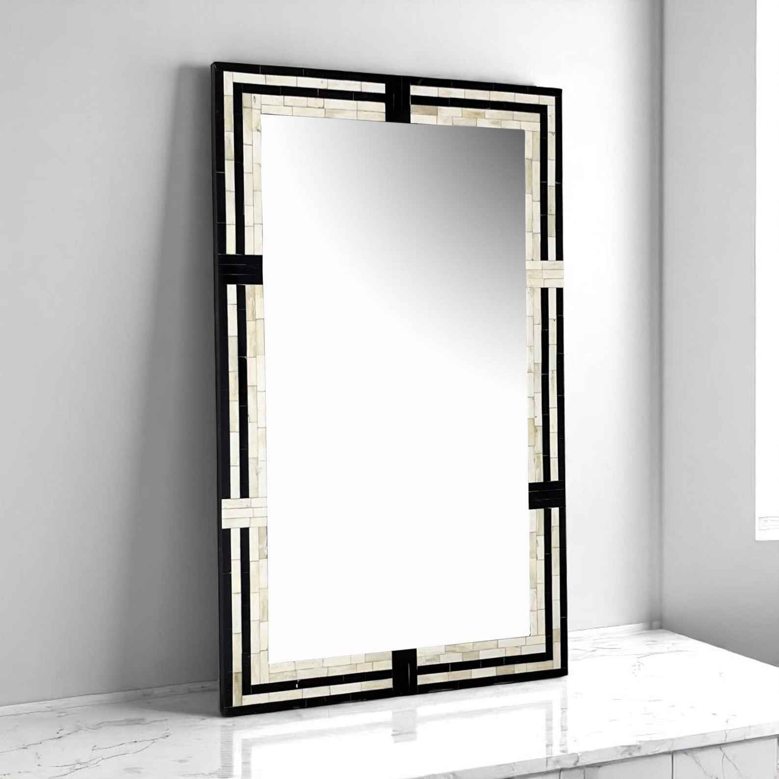 Blue Bone Inlay Mirror Frame – 48x30 in Handmade Floral Wall Décor by Hana Exports