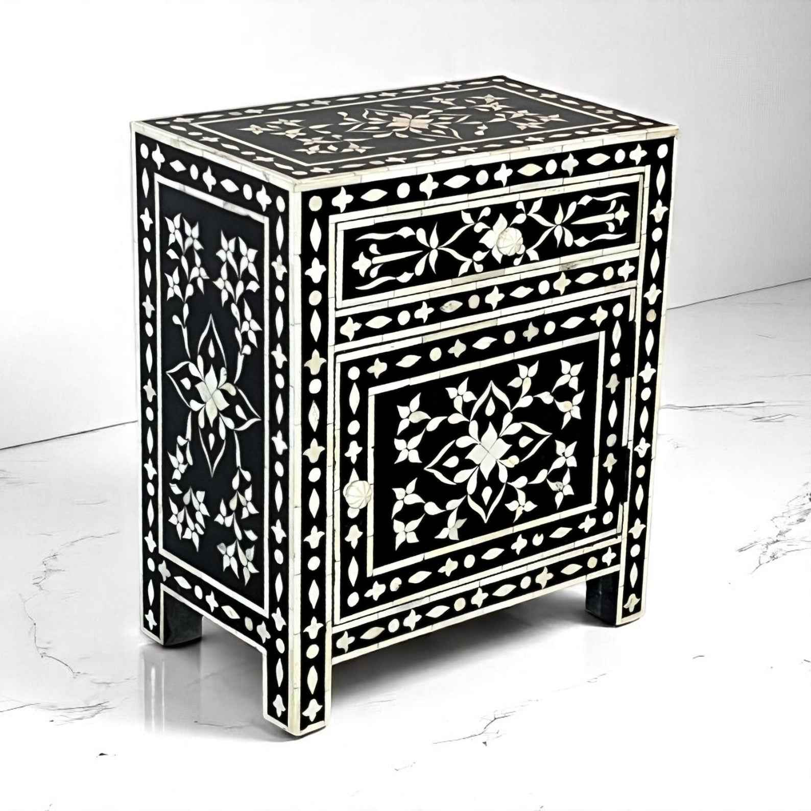 Handmade Bone Inlay Nightstand – Floral 3-Drawer Side Table by Hana Exports (17x24x12 in)