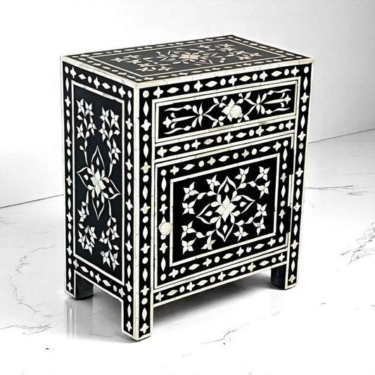 Handmade Bone Inlay Nightstand – Floral 3-Drawer Side Table by Hana Exports (17x24x12 in)