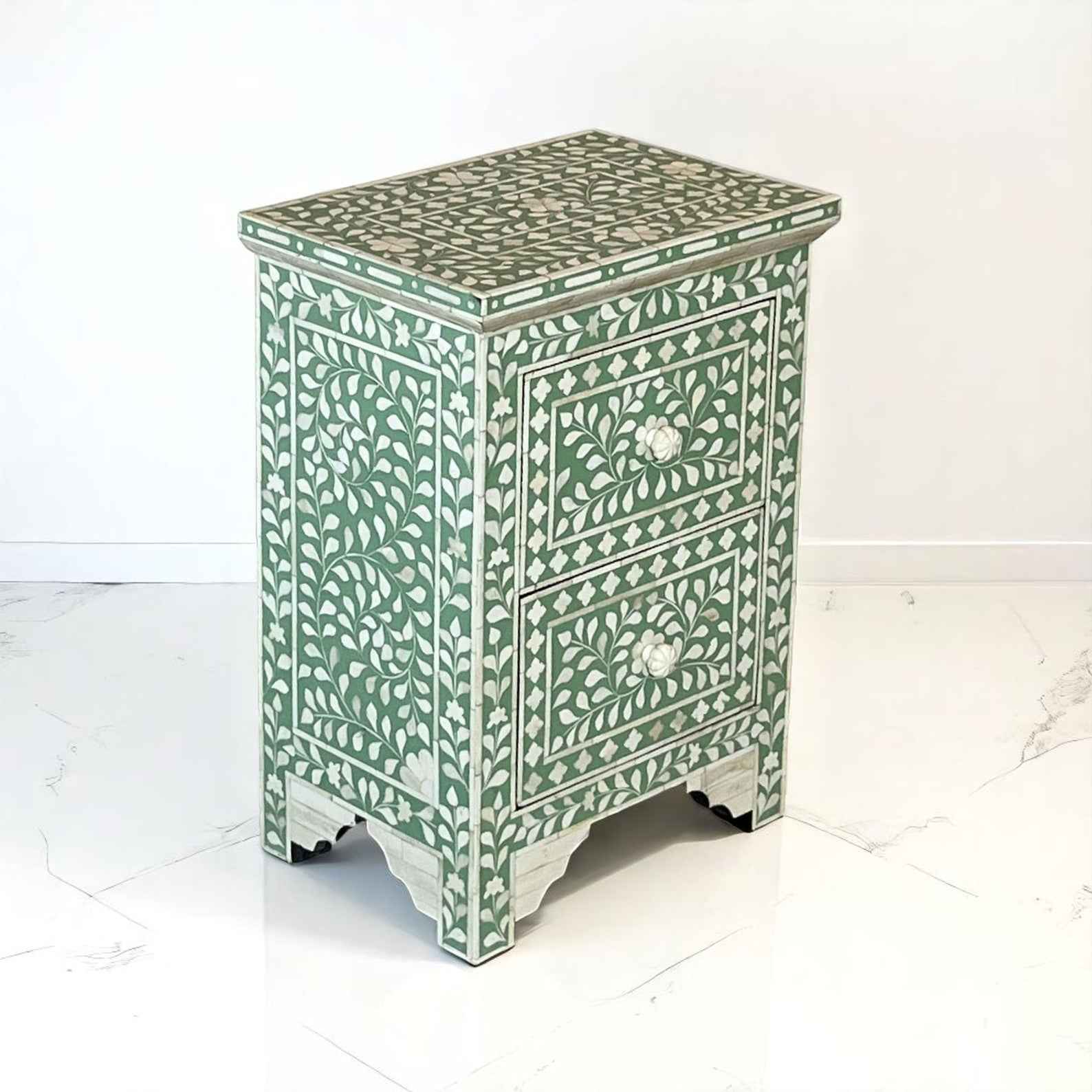 Handmade Bone Inlay Floral Nightstand – 3 Drawer Camel Bone Side Table by HANA EXPORTS