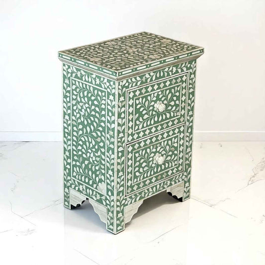 Handmade Bone Inlay Floral Nightstand – 3 Drawer Camel Bone Side Table by HANA EXPORTS