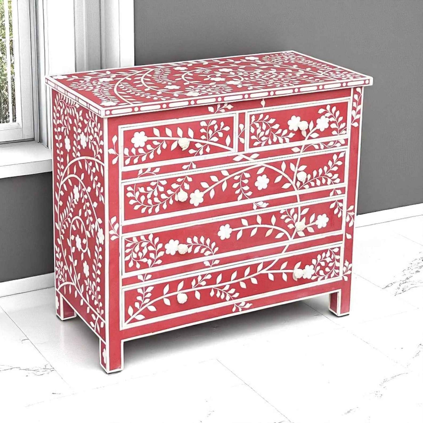 Handmade Bone Inlay Sideboard Cabinet – Floral Pattern Storage Furniture by HANA EXPORTS