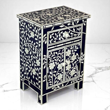 Handmade Bone Inlay Nightstand with Floral Pattern – 3-Drawer Side Table by HANA EXPORTS