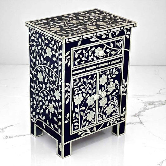 Handmade Bone Inlay Nightstand with Floral Pattern – 3-Drawer Side Table by HANA EXPORTS