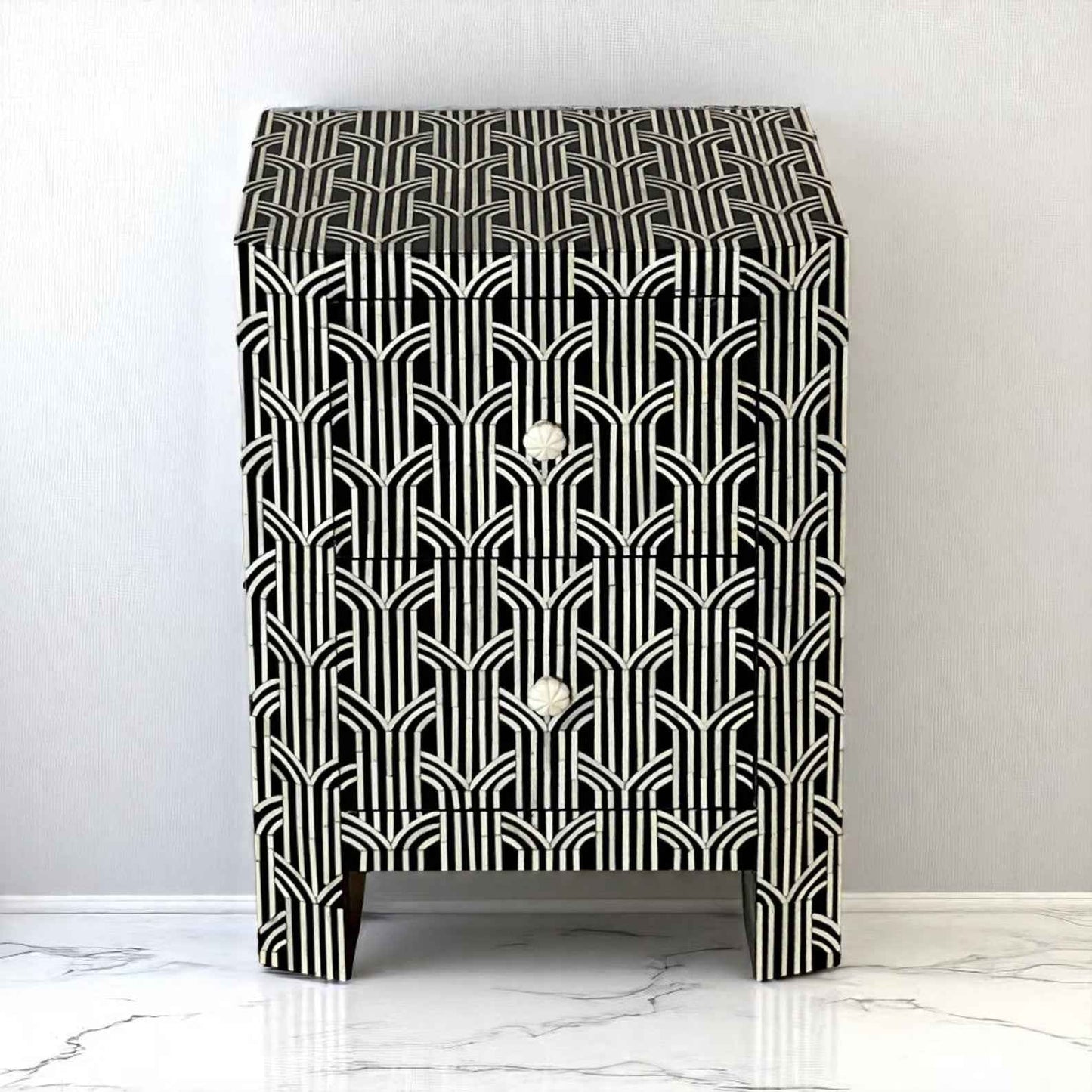 Handmade Bone Inlay Nightstand – 2 Drawer Floral Side Table by Hana Exports