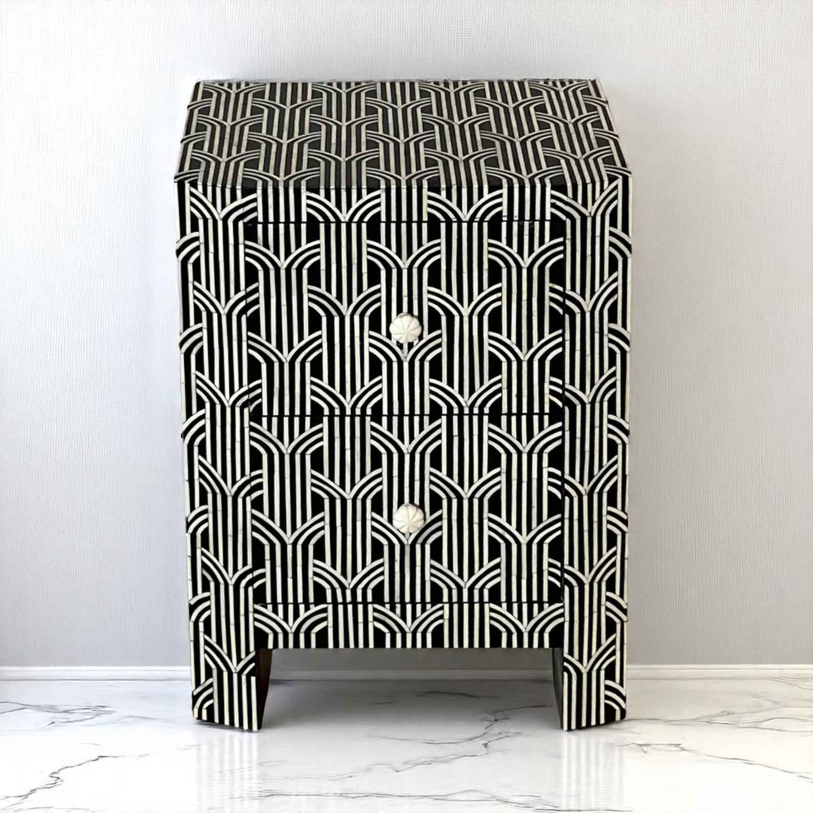 Handmade Bone Inlay Nightstand – 2 Drawer Floral Side Table by Hana Exports