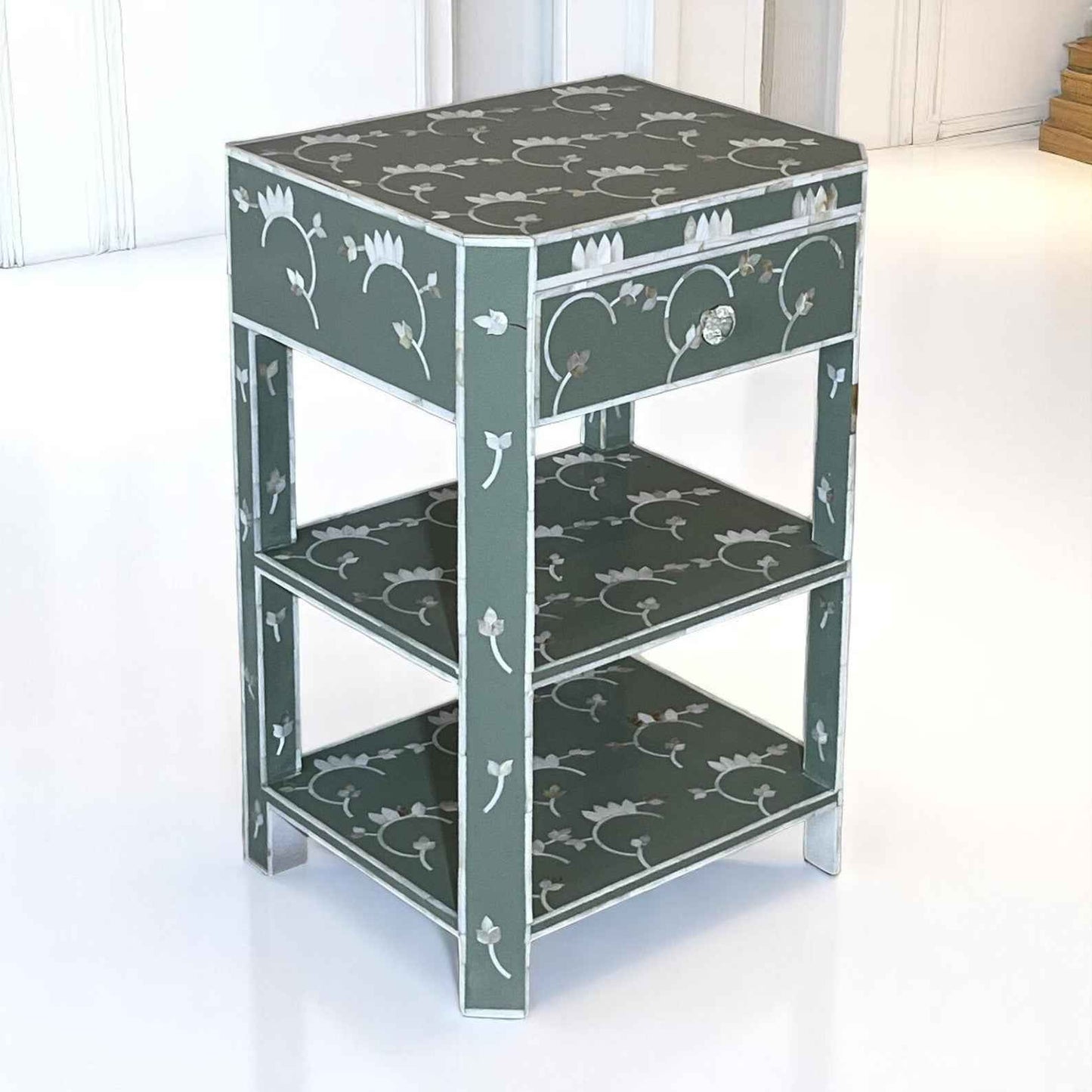 Handmade MOP Inlay Nightstand – 3 Drawer Floral Side Table by Hana Exports