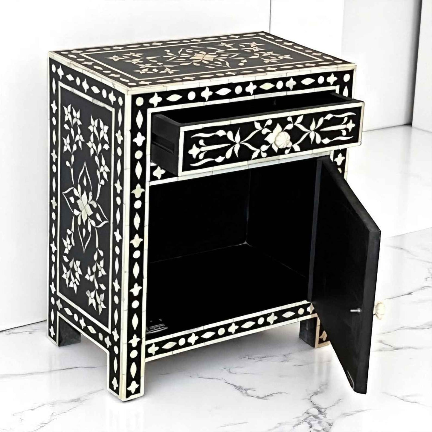 Handmade Bone Inlay Nightstand – Floral 3-Drawer Side Table by Hana Exports (17x24x12 in)