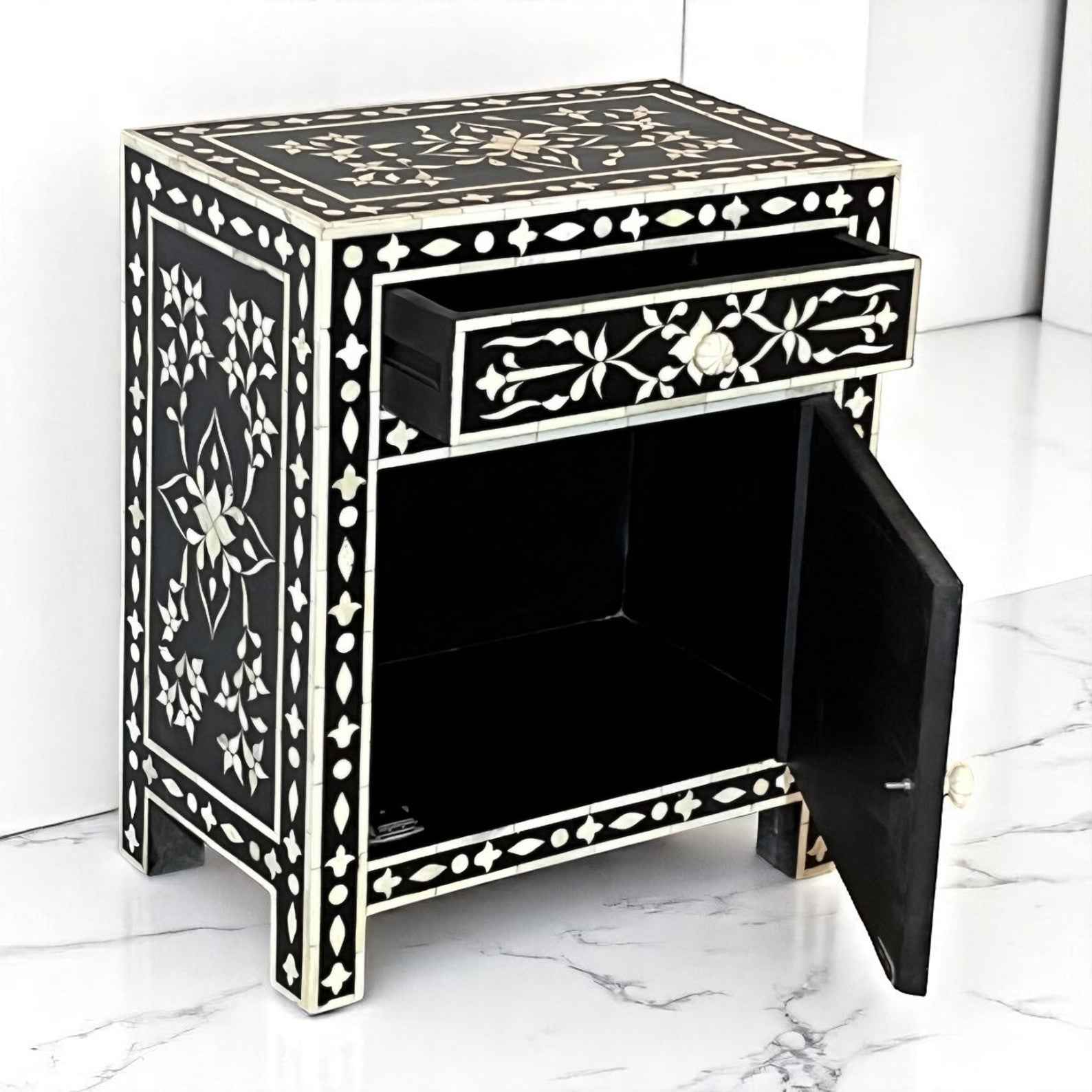 Handmade Bone Inlay Nightstand – Floral 3-Drawer Side Table by Hana Exports (17x24x12 in)