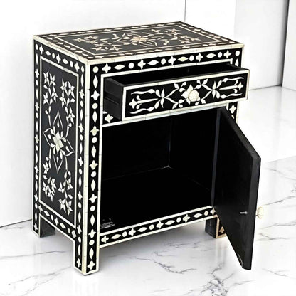 Handmade Bone Inlay Nightstand – Floral 3-Drawer Side Table by Hana Exports (17x24x12 in)