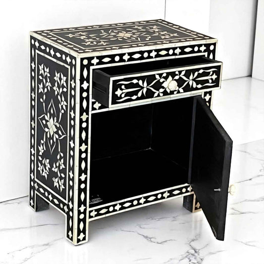 Handmade Bone Inlay Nightstand – Floral 3-Drawer Side Table by Hana Exports (17x24x12 in)