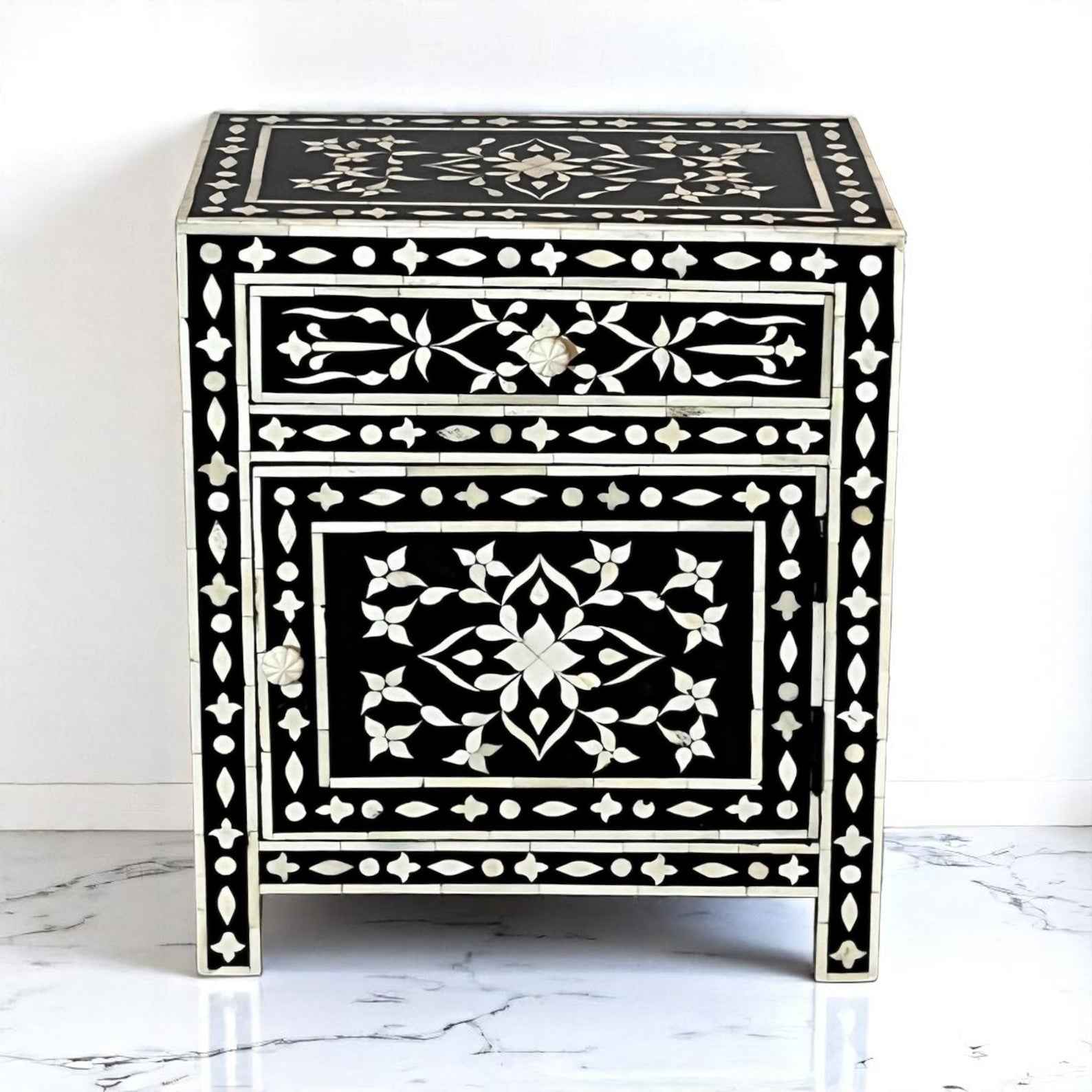 Handmade Bone Inlay Nightstand – Floral 3-Drawer Side Table by Hana Exports (17x24x12 in)