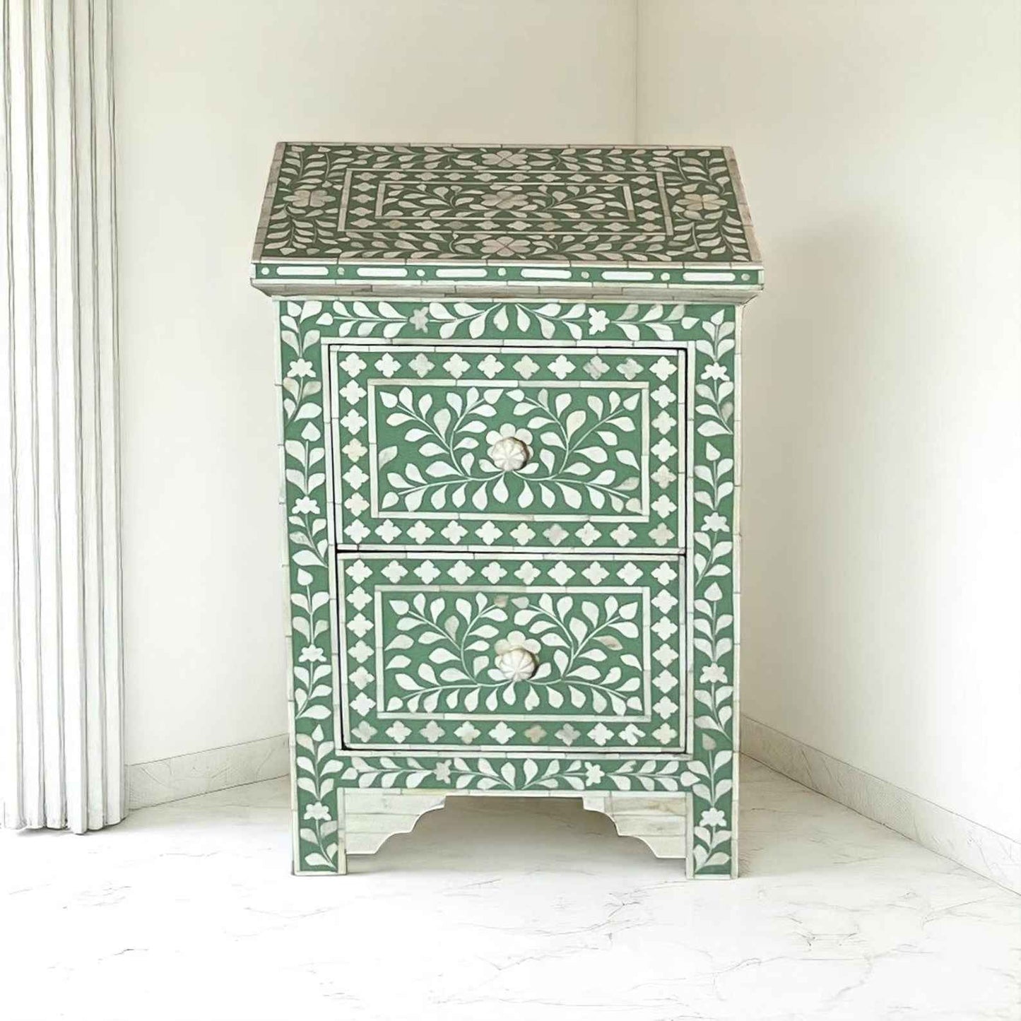 Handmade Bone Inlay Floral Nightstand – 3 Drawer Camel Bone Side Table by HANA EXPORTS