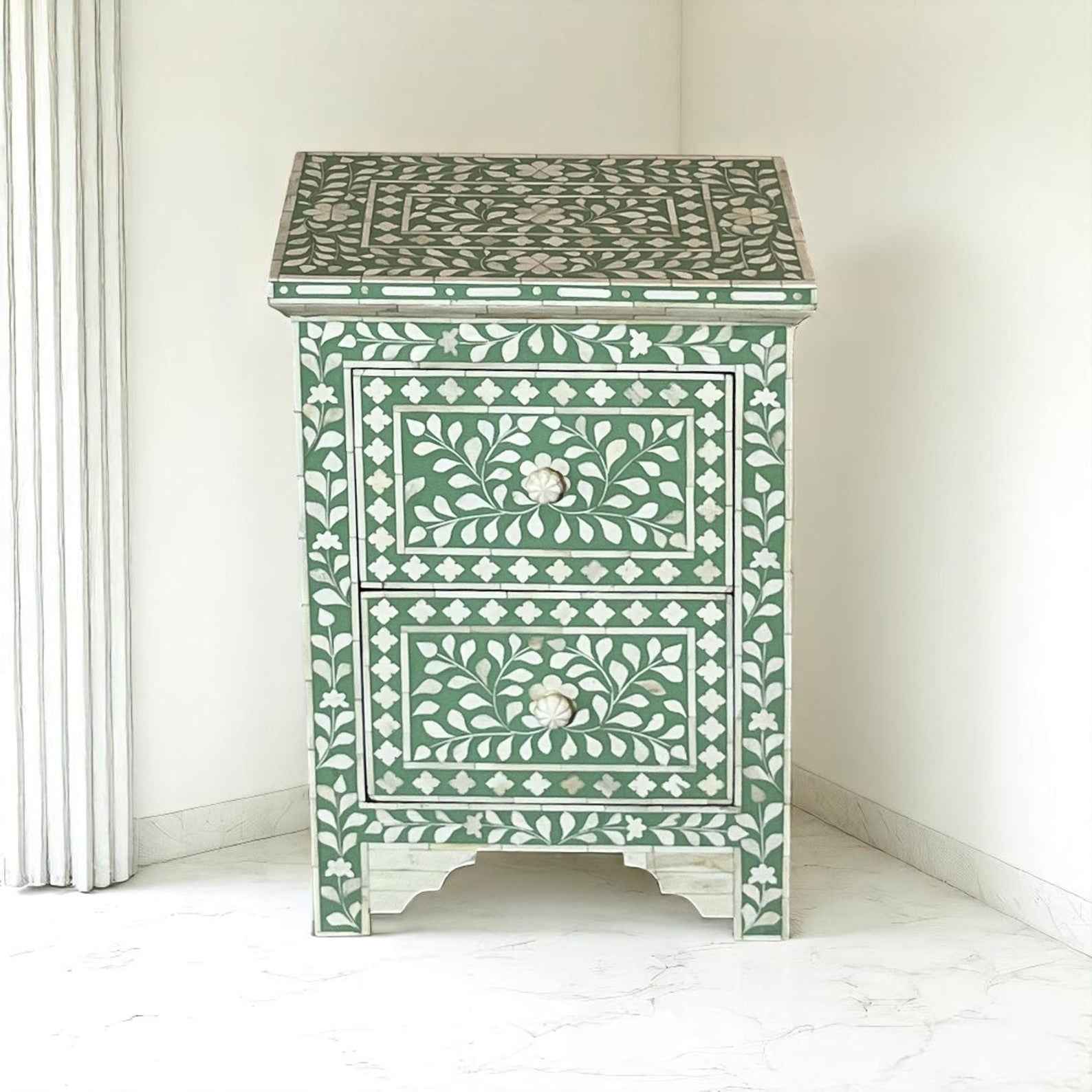 Handmade Bone Inlay Floral Nightstand – 3 Drawer Camel Bone Side Table by HANA EXPORTS