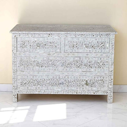 36" Handmade MOP Inlay Floral Sideboard – 3 Drawer Wooden Cabinet by HANA EXPORTS