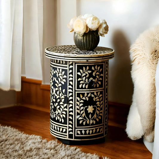 Hansa Handicraft Bone Inlay End Table – Black Floral Design with Wooden Base