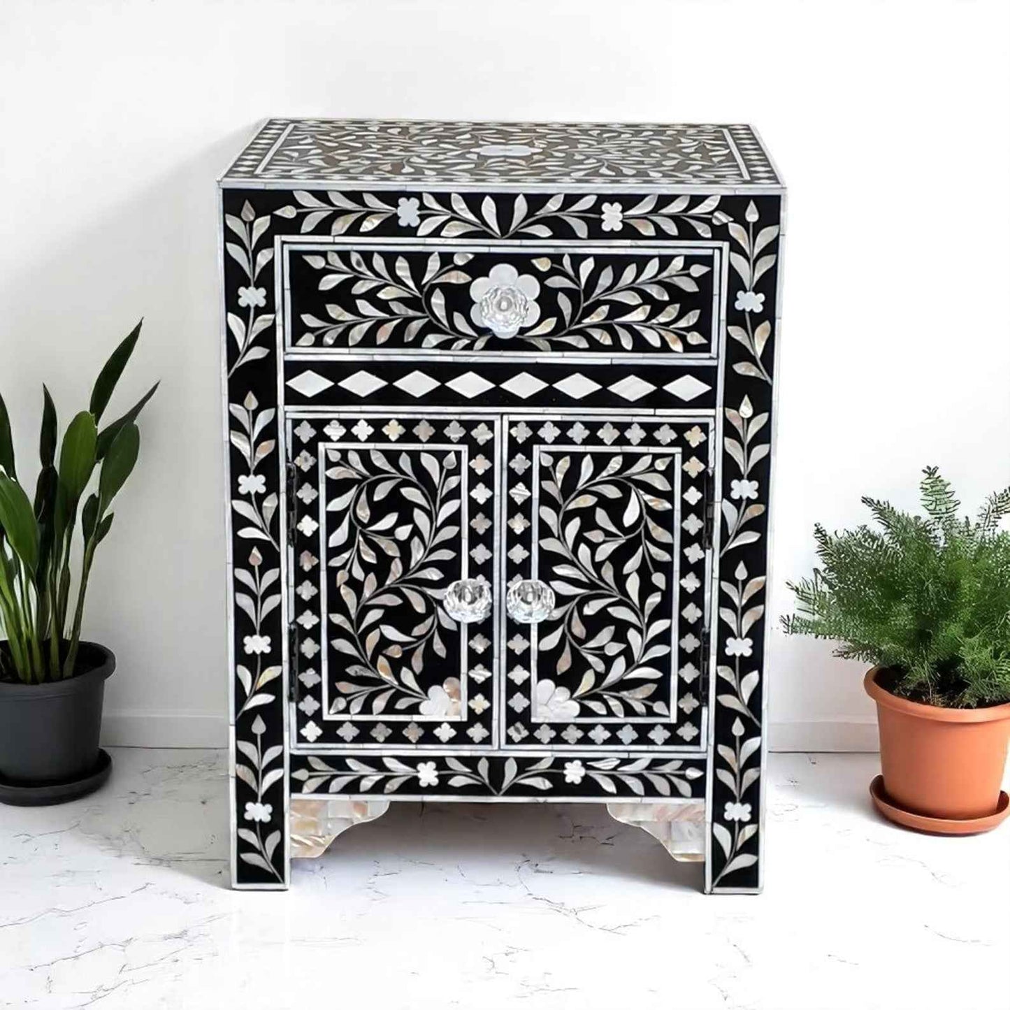 Handmade MOP Inlay Bedside Nightstand | Mother of Pearl Side Table by HANA EXPORTS