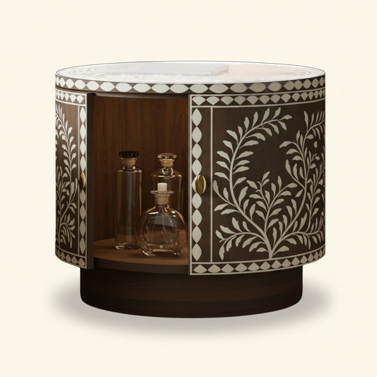 Handcrafted Bone Inlay Side Table with Bottle Storage | Elegant Wooden Bar Cabinet | Round End Table with Storage | Boho Accent Nightstand -hansa handicraft - Hansa Handicraft