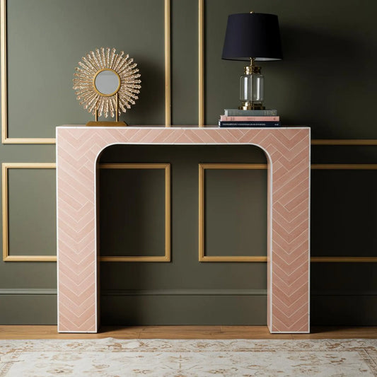 Hansa Handicrafts Pink Bone Inlay Console Table | Chevron Design | Luxe Living Room Accent