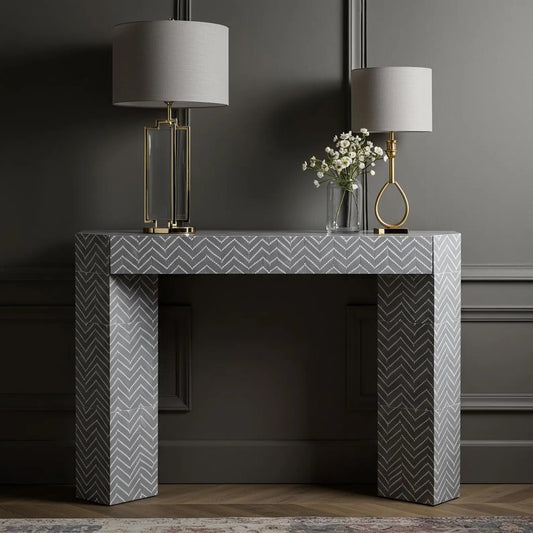 Artisan Gray Bone Inlay Console Table | Chevron Inlay | Sophisticated Entryway & Living Room Decor