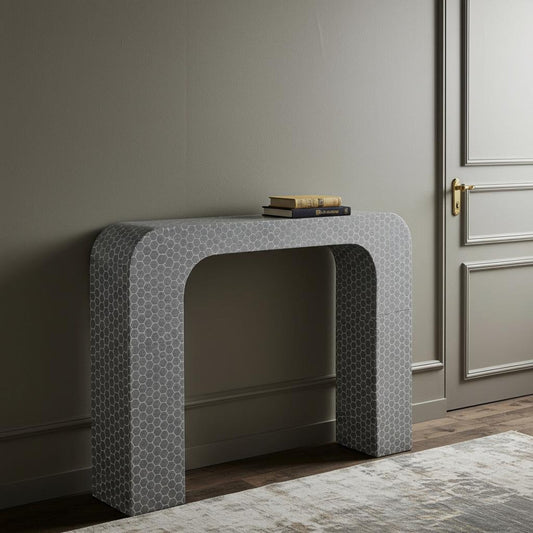 Gray Bone Inlay Console Table – Chevron Design | Luxury Handmade Accent Furniture